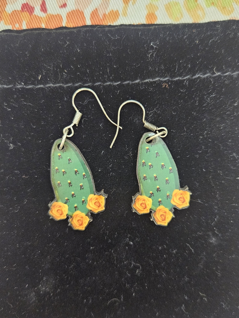 Green Cactus Earrings with Orange Rose Accents